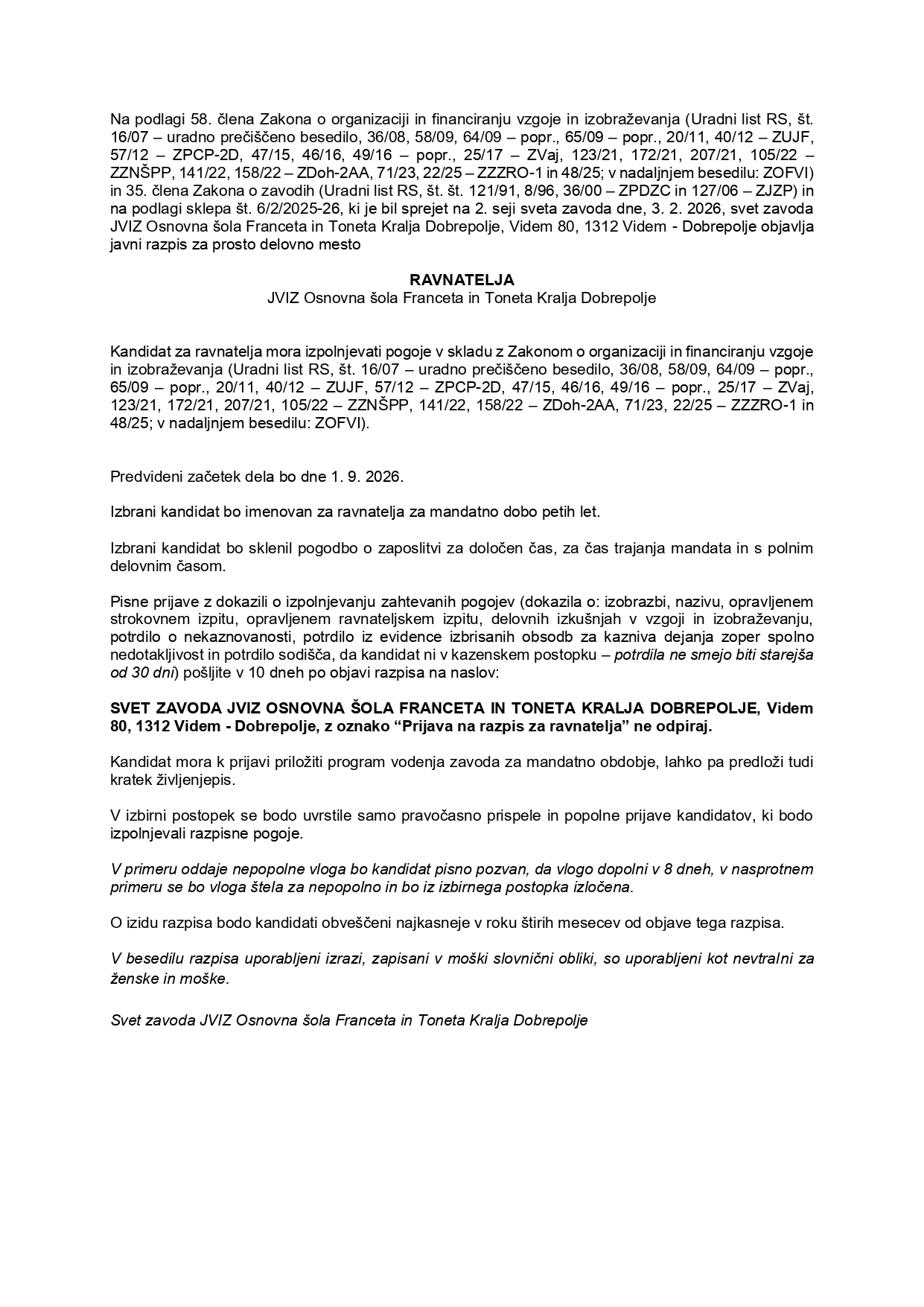 Razpis za ravnatelja, JVIZ Osnovna šola Franceta in Toneta Kralja Dobrepolje_page-0001